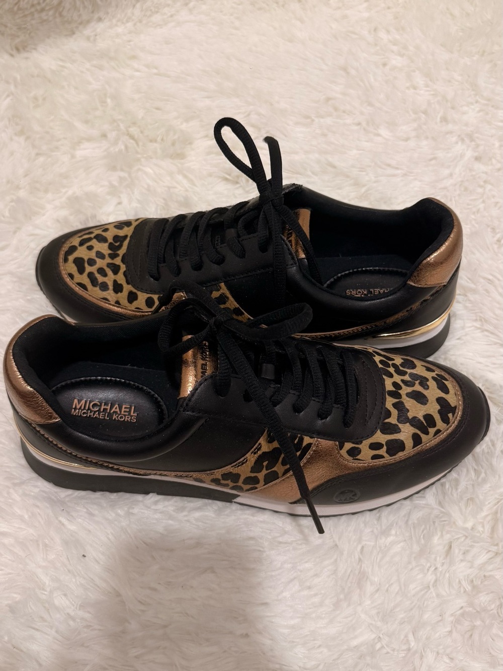 Michael Kors Black & Leopard Print Sneakers with Bronze Accents